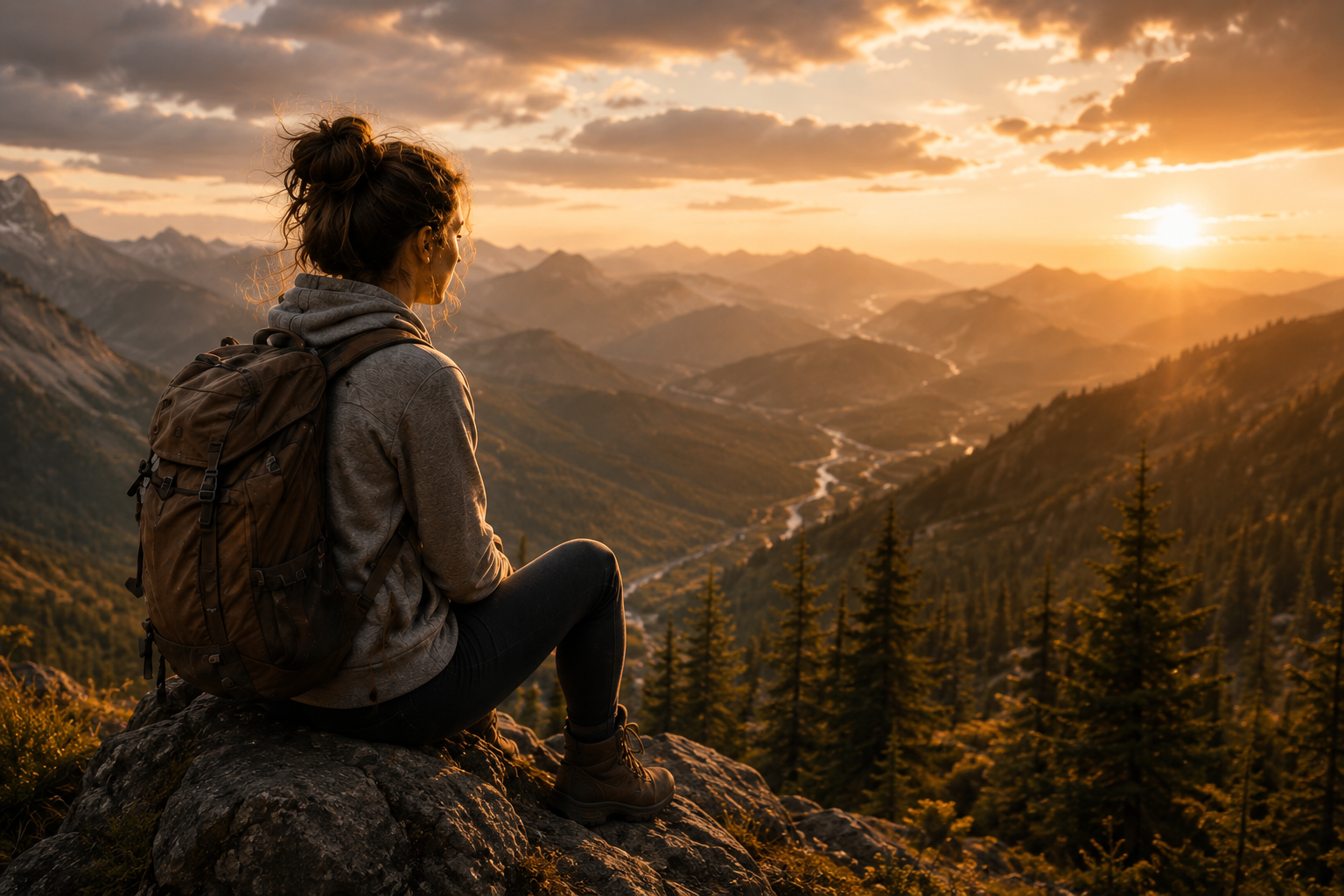 A traveler seated on a mountain overlook at golden hour, looking out over the valley toward a destination