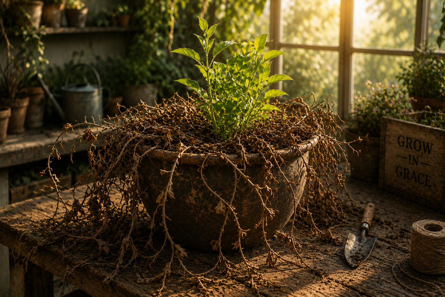 A weathered dark clay pot overflowing with dry, tangled, dead woody vines, while a vibrant tall green plant emerges from the center, illuminated by warm golden sunlight from a greenhouse window — an image of new life and the renewing of the mind.