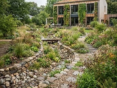 Regenwasser-Retentionsgarten mit Natursteinmulde und Stauden