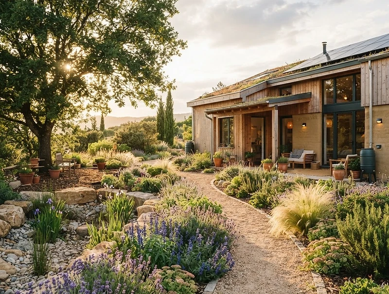 Klimaresilienter Garten mit trockenheitsresistenten Pflanzen vor einem modernen Holz-Lehm-Haus