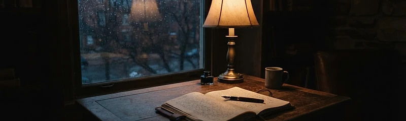 A writing desk by a rain-streaked window