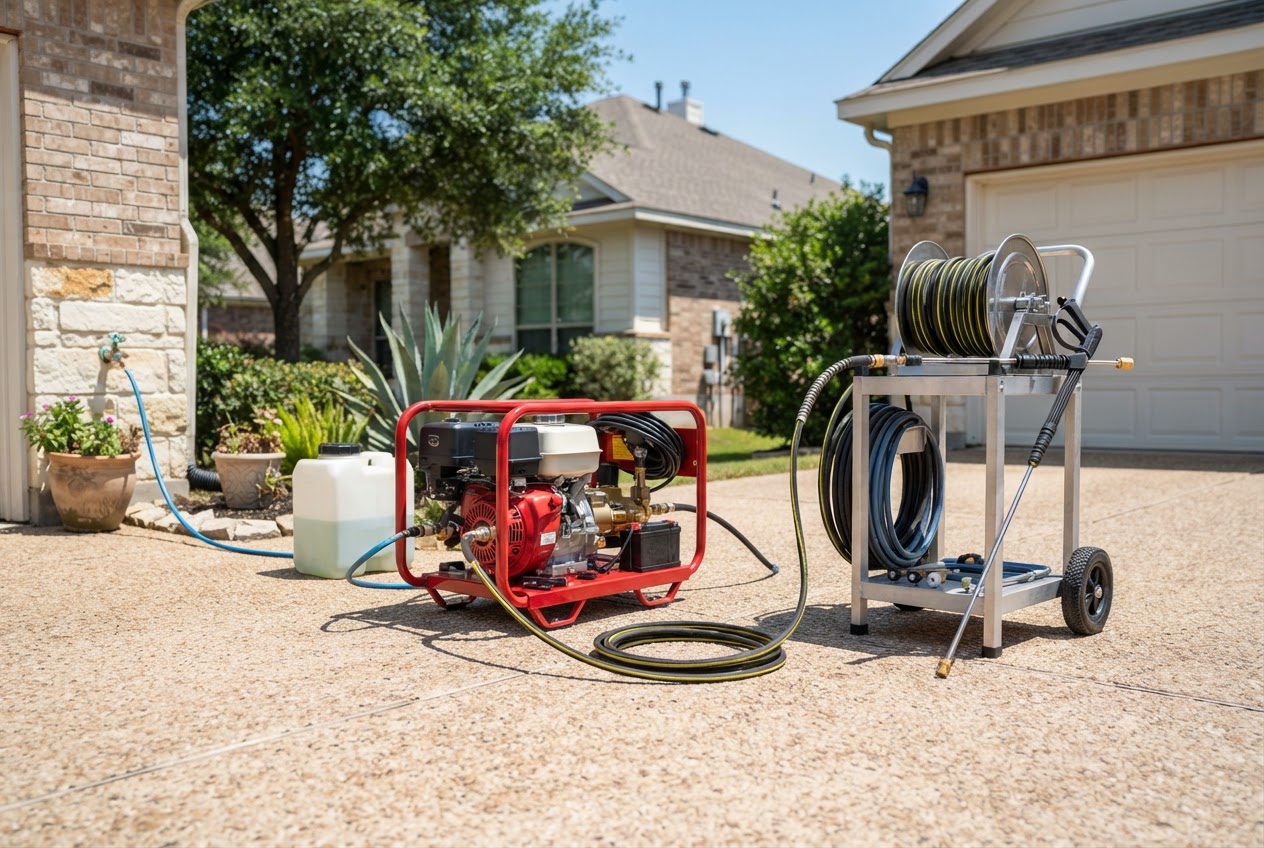 Professional commercial-grade pressure washing equipment setup with hoses and spray guns on driveway