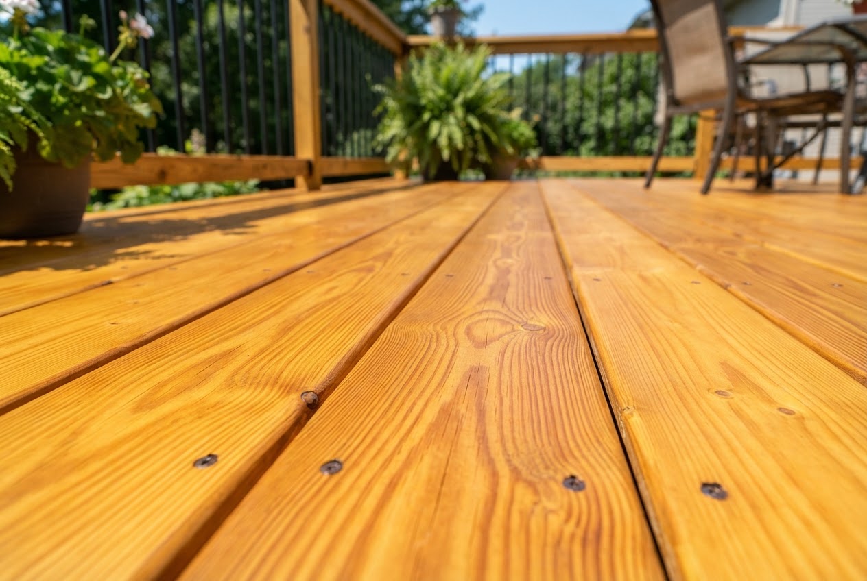 Restored wooden deck after pressure washing and staining with warm golden honey wood tones