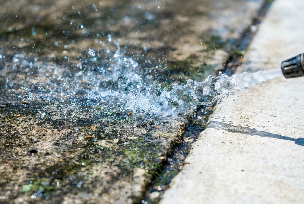 Emanuel pressure washing a dirty concrete driveway with high-pressure water stream in bright Texas sunlight, dramatic before-and-after reveal