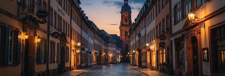 Heidelberg Altstadt bei Einbruch der Dämmmerung – leere Straße im historischen Stadtkern