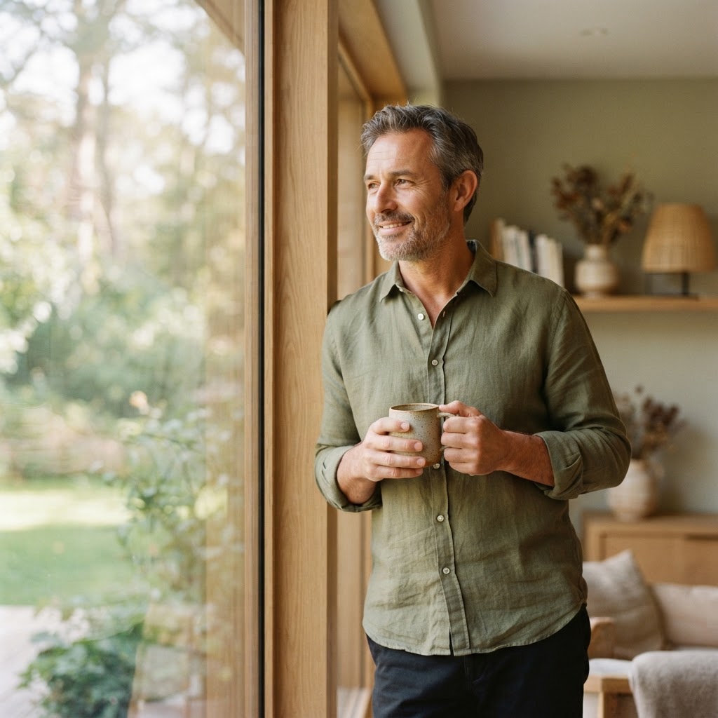 A man holding a coffee cup near a sunlit window