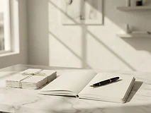 Clean desk with a notebook, fountain pen, and cream correspondence