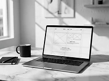 Minimal laptop displaying a clean website wireframe on a marble desk