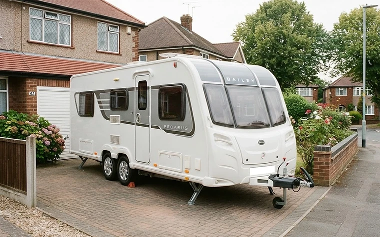 A modern twin-axle touring caravan on a UK driveway