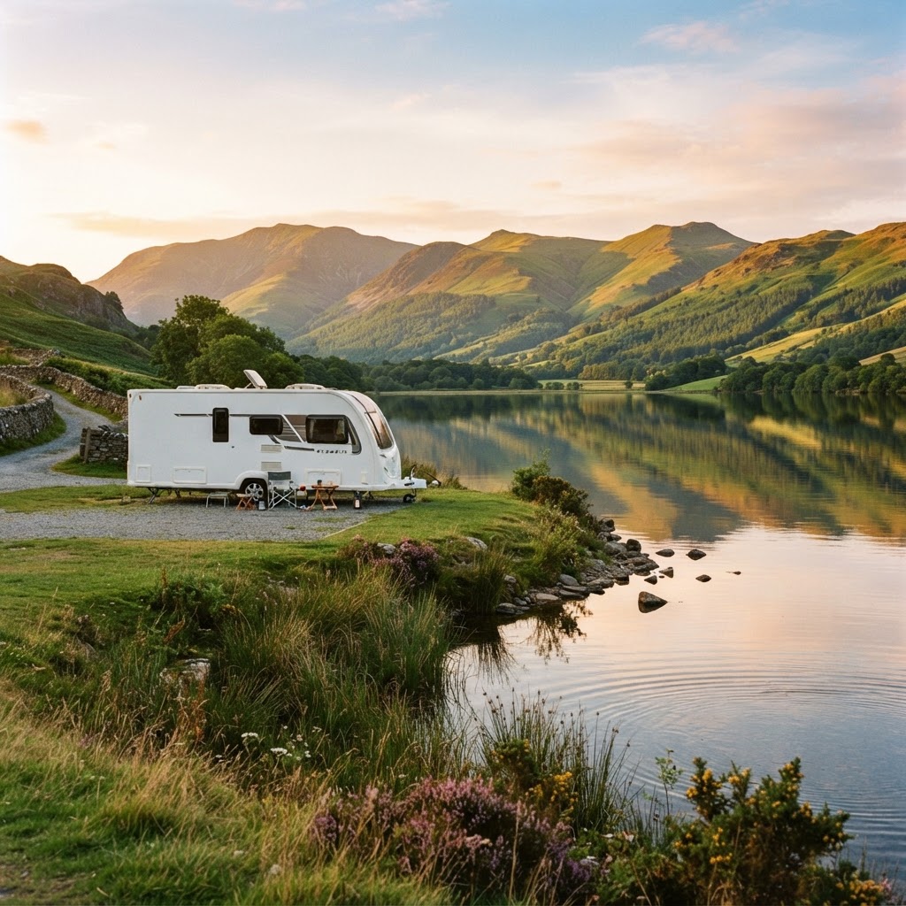 A touring caravan beside a UK lake in the countryside