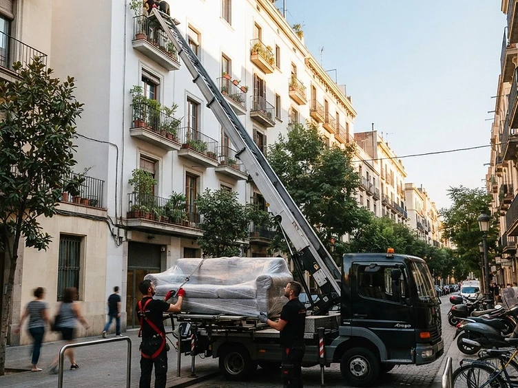 Plataforma elevadora de muebles trabajando en la fachada de un edificio
