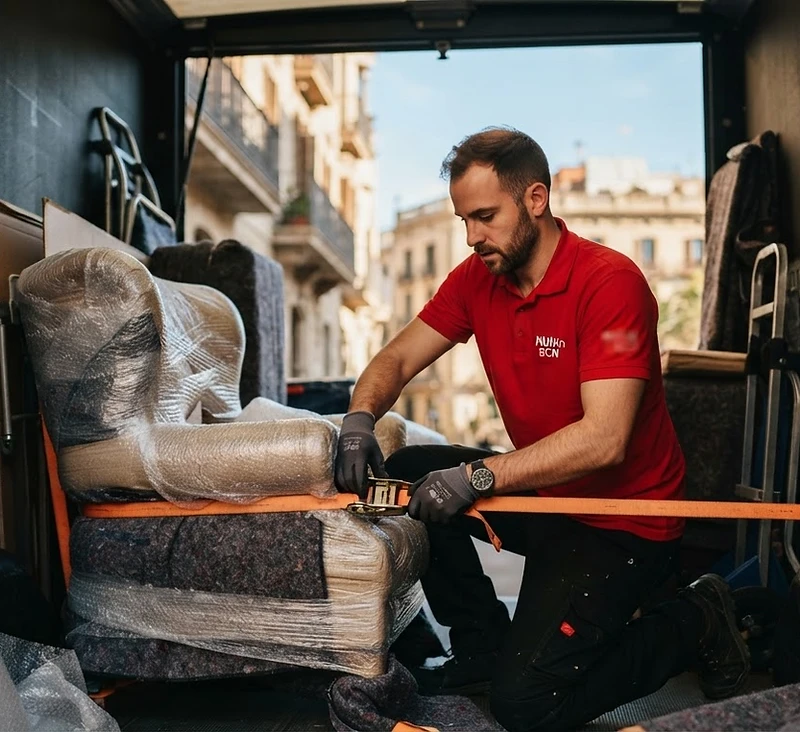 Equipo de Mudanzas Miguelon cargando muebles protegidos en un camión en Barcelona