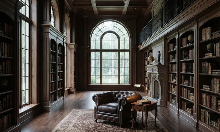 Quiet private library with walnut shelves and tall windows
