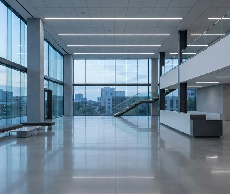 Empty high-end commercial lobby at dawn with polished floors and expansive windows