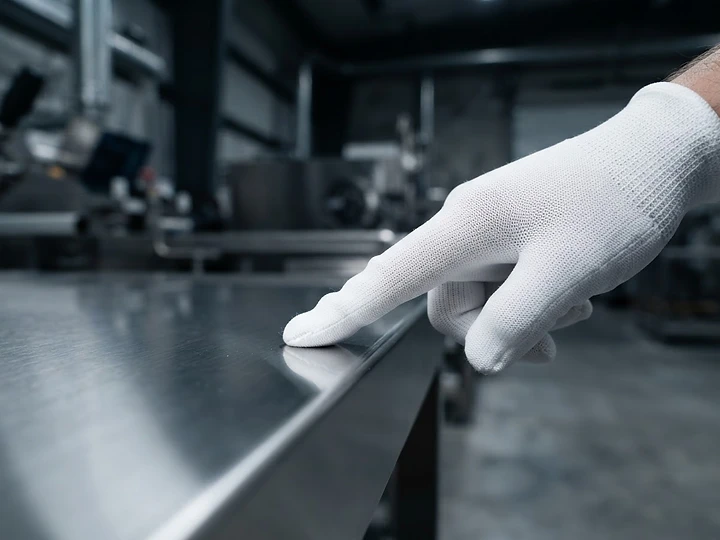 White-gloved hand inspecting a pristine steel surface