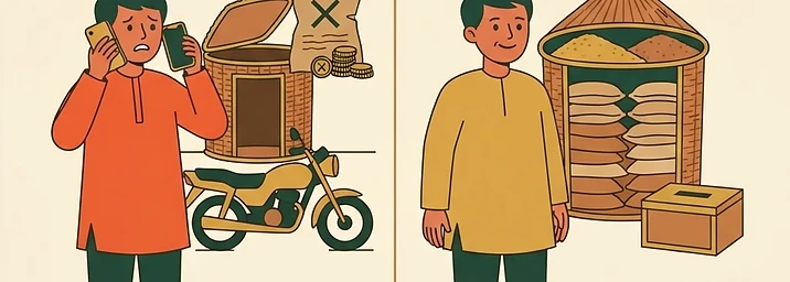 Two farmers. LEFT: Fancy phone, new clothes, shiny motorbike. But BEHIND him: empty grain store, deb
