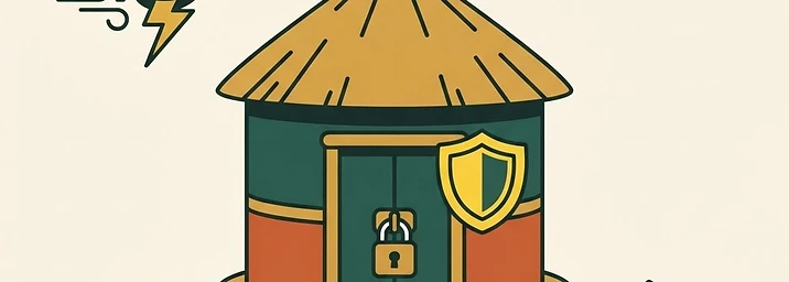 Farmer with a locked store labeled EMERGENCY. Around the store: storm cloud (cyclone), sick person (