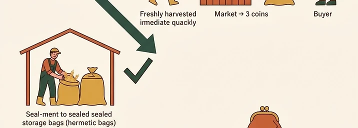 Two paths. TOP path (red X): Farmer sells ALL grain at harvest. Price is LOW (everyone selling). Get