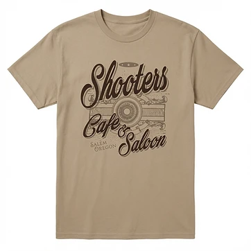 Shooters Cafe and Saloon Salem Oregon screen print on tan t-shirt