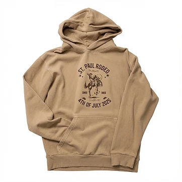 St. Paul Rodeo bucking bronco design on tan hoodie