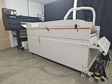 Industrial DTF curing and conveyor system with exhaust hose and powder shaker