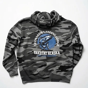 Leonards Landing Lodge leaping fish design on camo hoodie