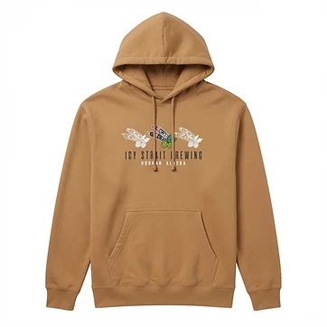 Icy Strait Brewing Hoonah Alaska DTF print on tan hoodie