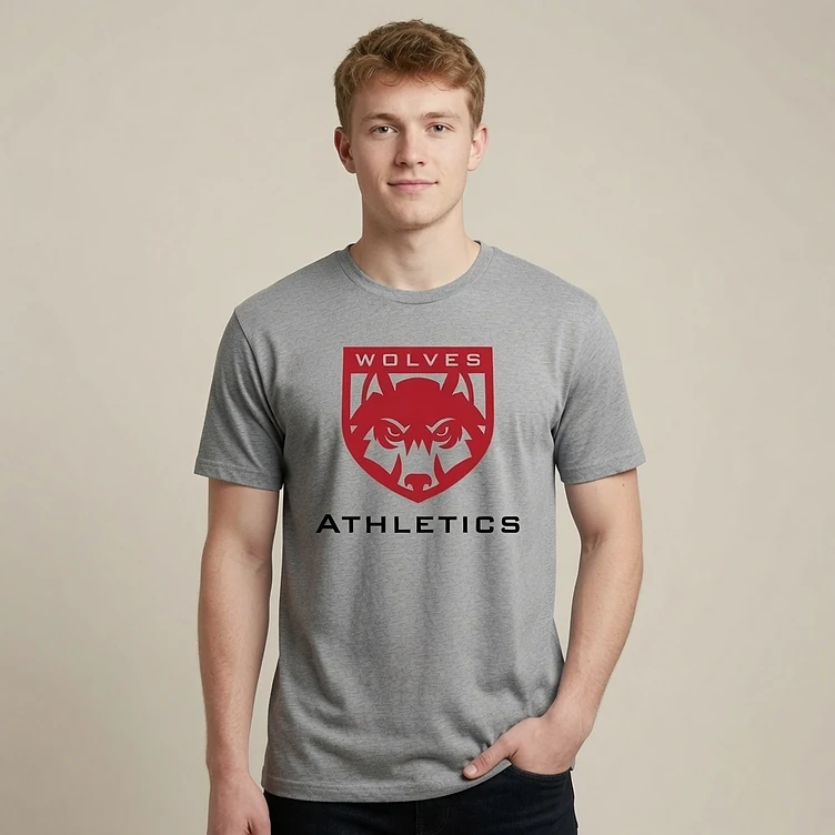 Person wearing a grey t-shirt with a Wolves Athletics screen-printed logo