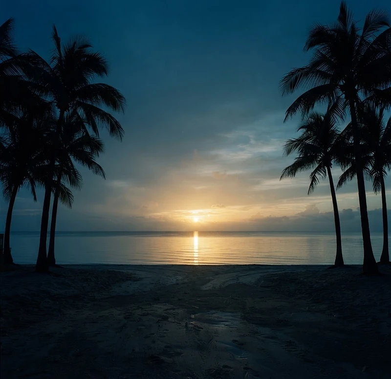Florida coastline at sunrise with palm silhouettes