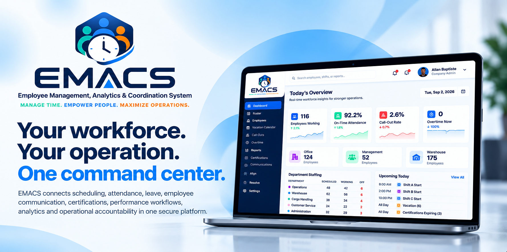 EMACS — Employee Management, Analytics & Coordination System. Your workforce. Your operation. One command center. EMACS command center dashboard preview.