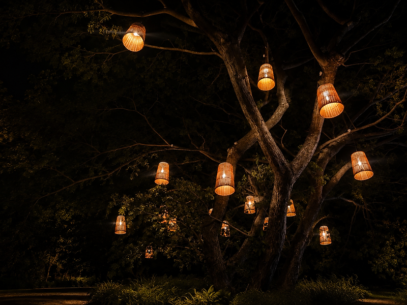 Lantern-lit tree glowing over a garden at night