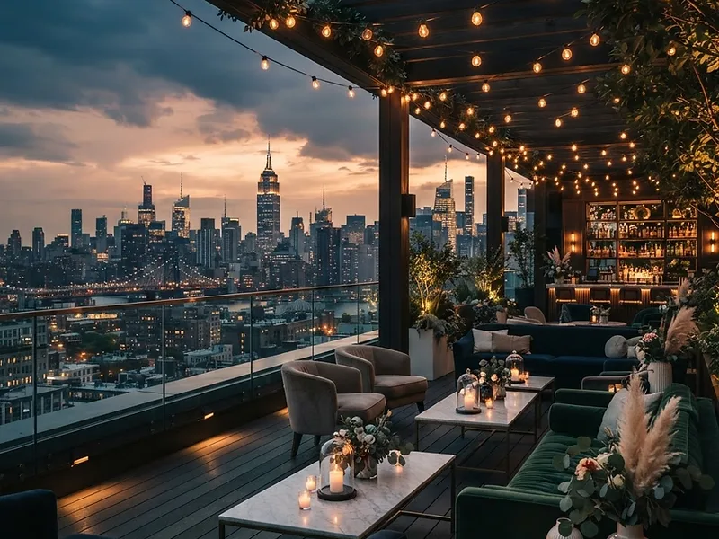 Rooftop event venue at golden hour