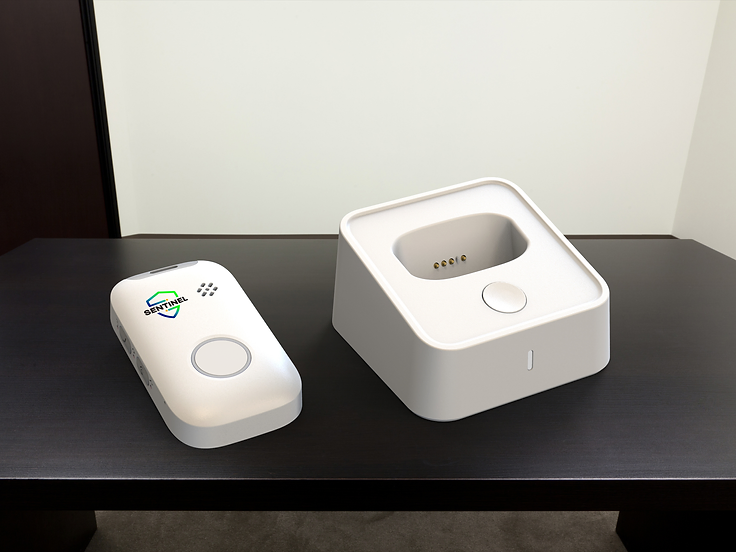 A Sentinel Pulse and its charging dock side by side on a table