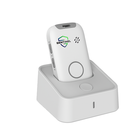 Sentinel Pulse in white, seated in its charging dock