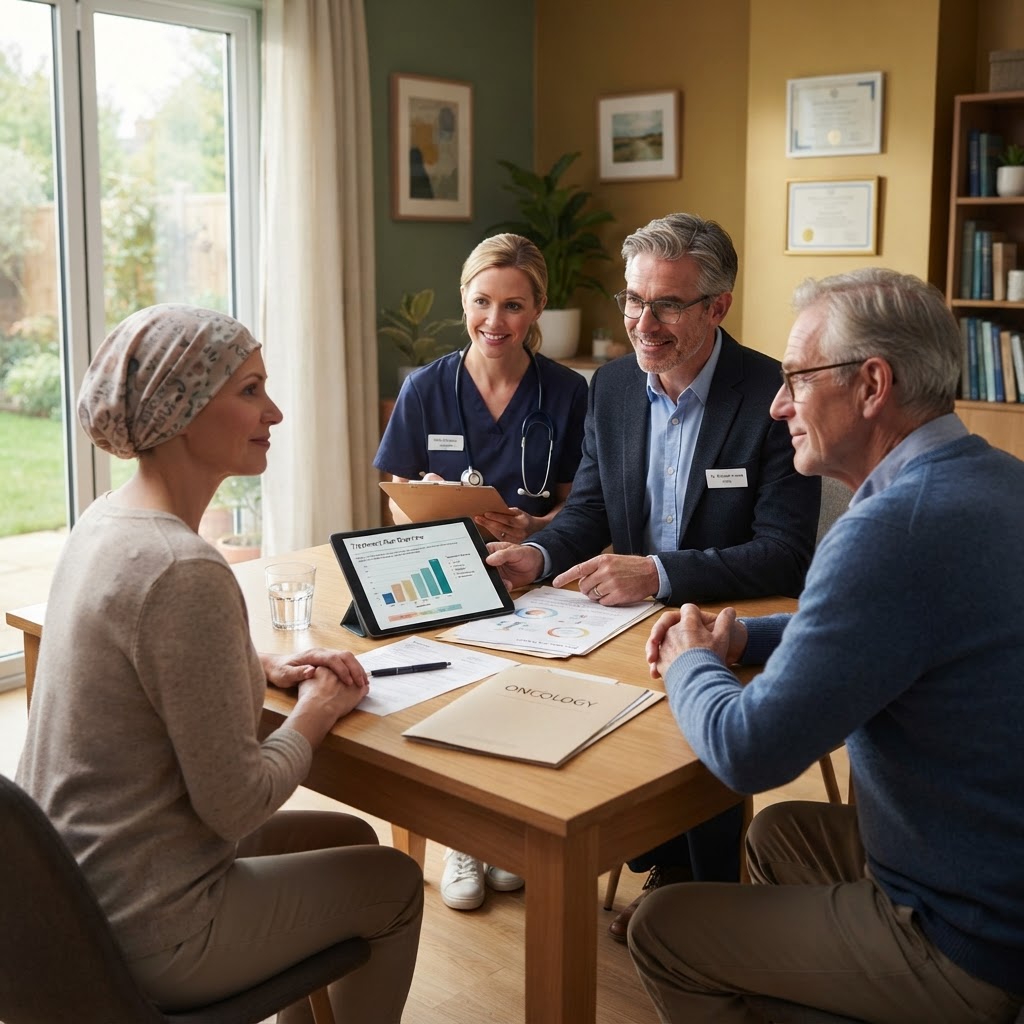 Oncology patients and doctors in consultation regarding the treatment program