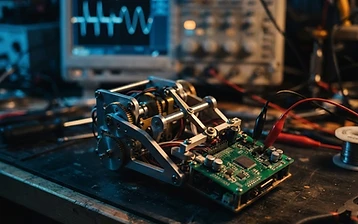 Gros plan d’un prototype robotique et d’un circuit sur un banc d’essai éclairé en bleu et ambre