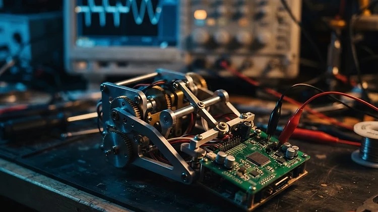Gros plan d’un prototype robotique et d’un circuit sur un banc d’essai éclairé en bleu et ambre