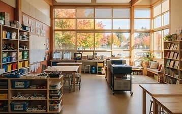 Atelier scolaire vide vu depuis la porte, avec trousses robotiques et tables en bois ensoleillées