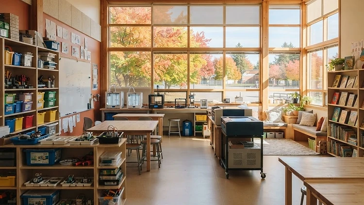 Empty school makerspace viewed from a doorway with robotics kits and sunlit wooden tables