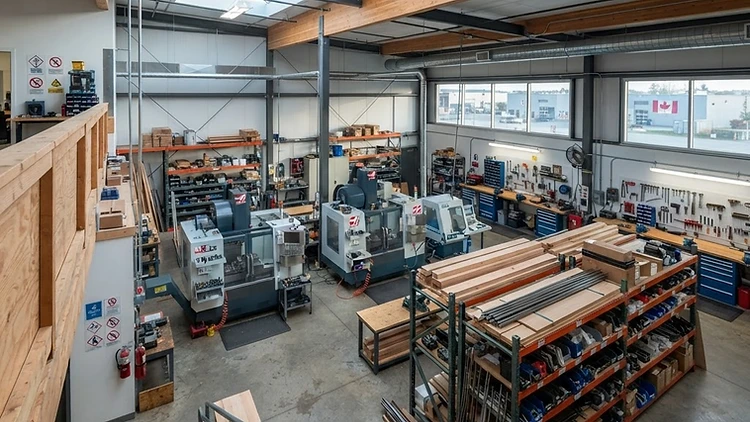 Vue en hauteur d’un atelier manufacturier vide avec équipements CNC et puits de lumière
