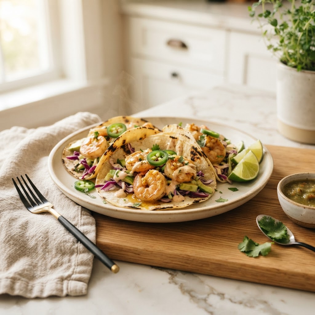 Garlic Shrimp Tacos with Lime Slaw