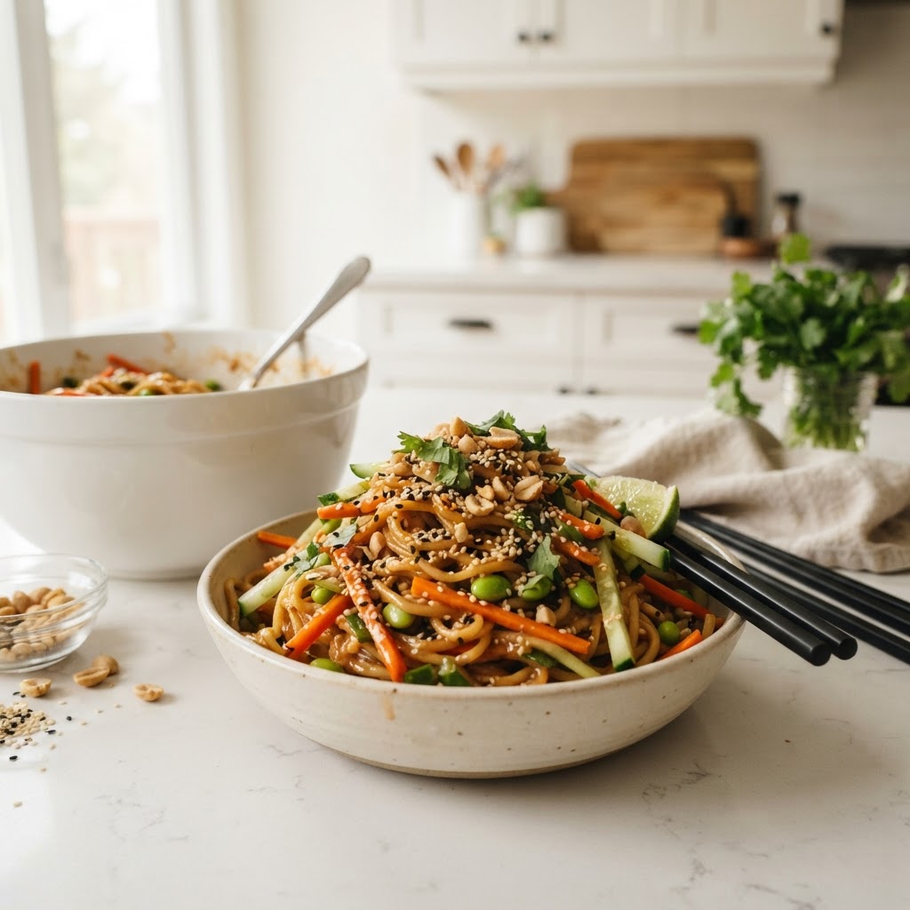 20-Minute Warm Sesame Peanut Noodles with Edamame & Fresh Veggies