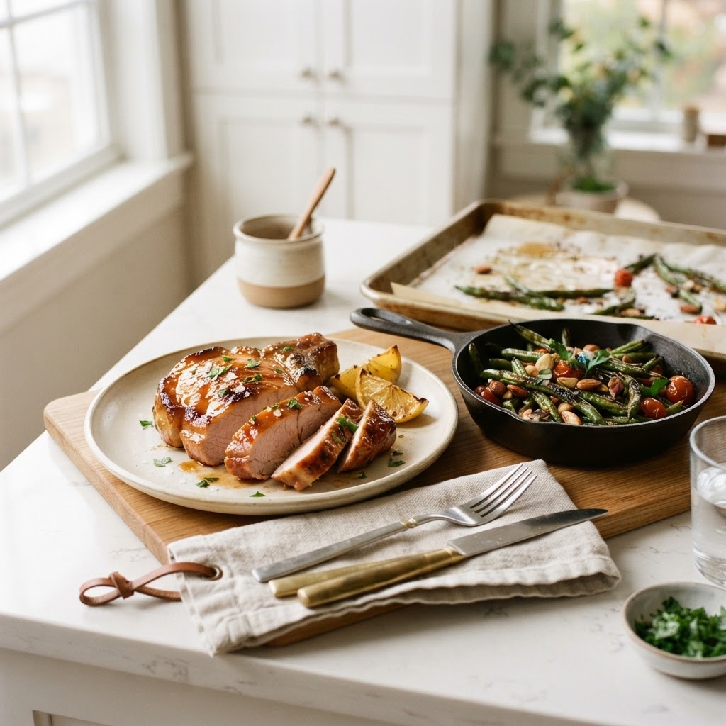 Honey-Glazed Pork Chops with Sheet-Pan Green Beans