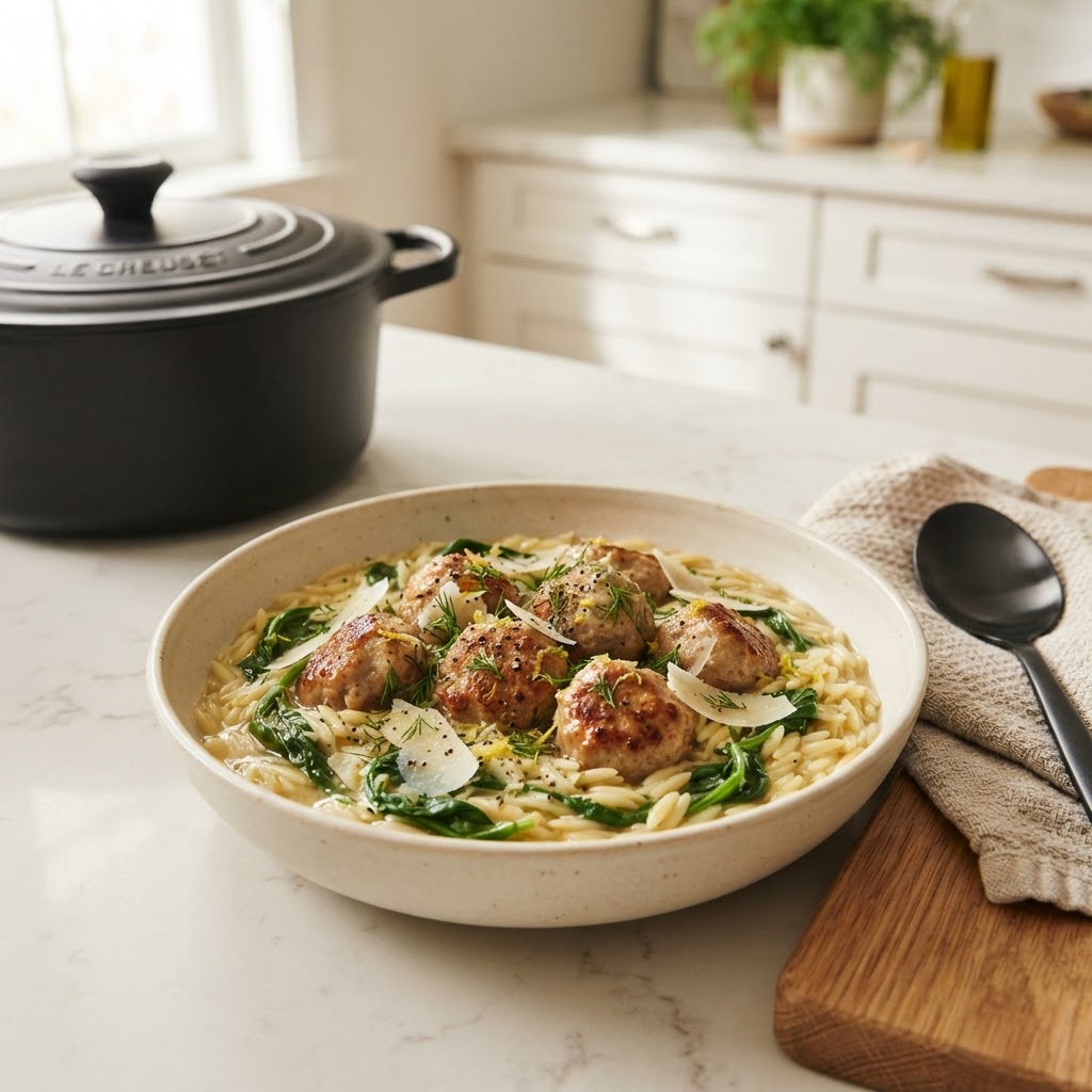 Turkey & Spinach Meatballs with Lemony Orzo