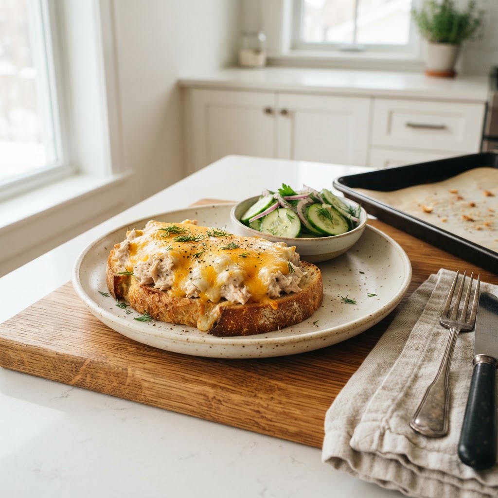Open-Faced Cheddar Tuna Melts with Quick Cucumber Salad