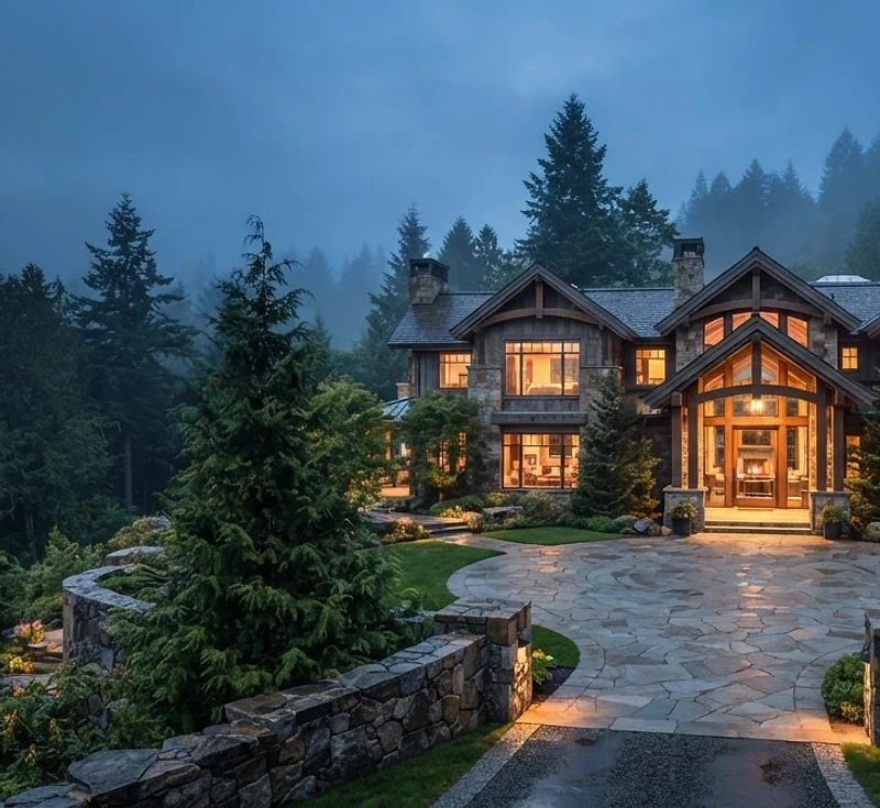 Prepared private estate at dawn, grounds and entry ready for the owner's arrival