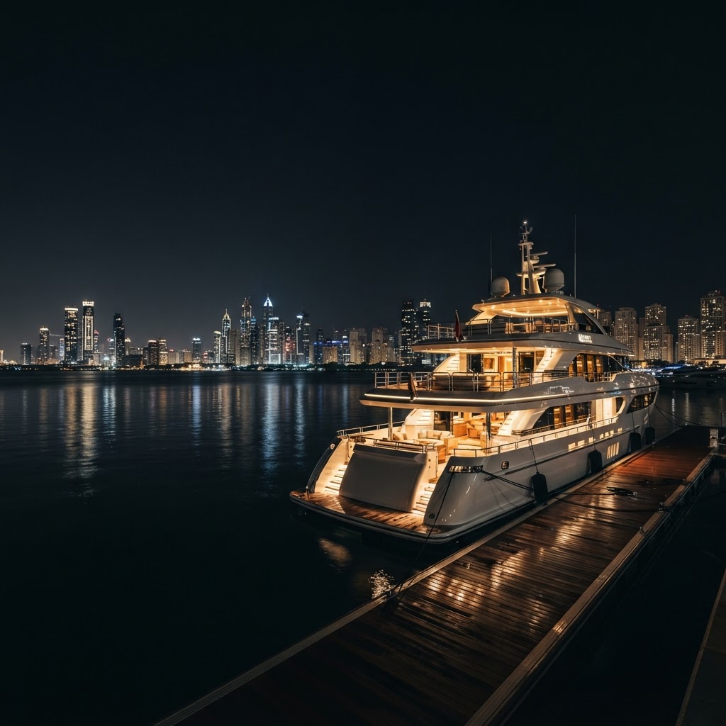 Luxury yacht docked at night