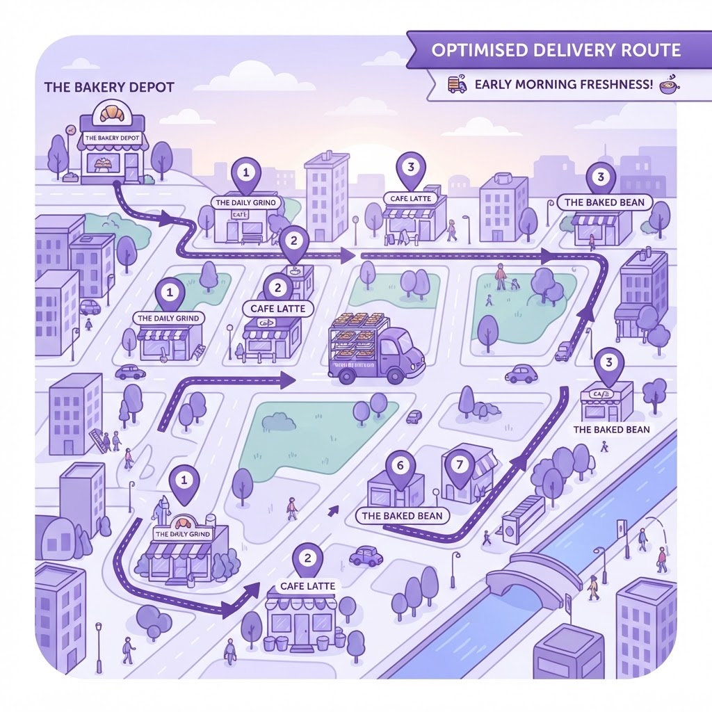 A map showing the optimised dawn delivery route from a bakery depot to cafes, with a truck carrying pastry trays