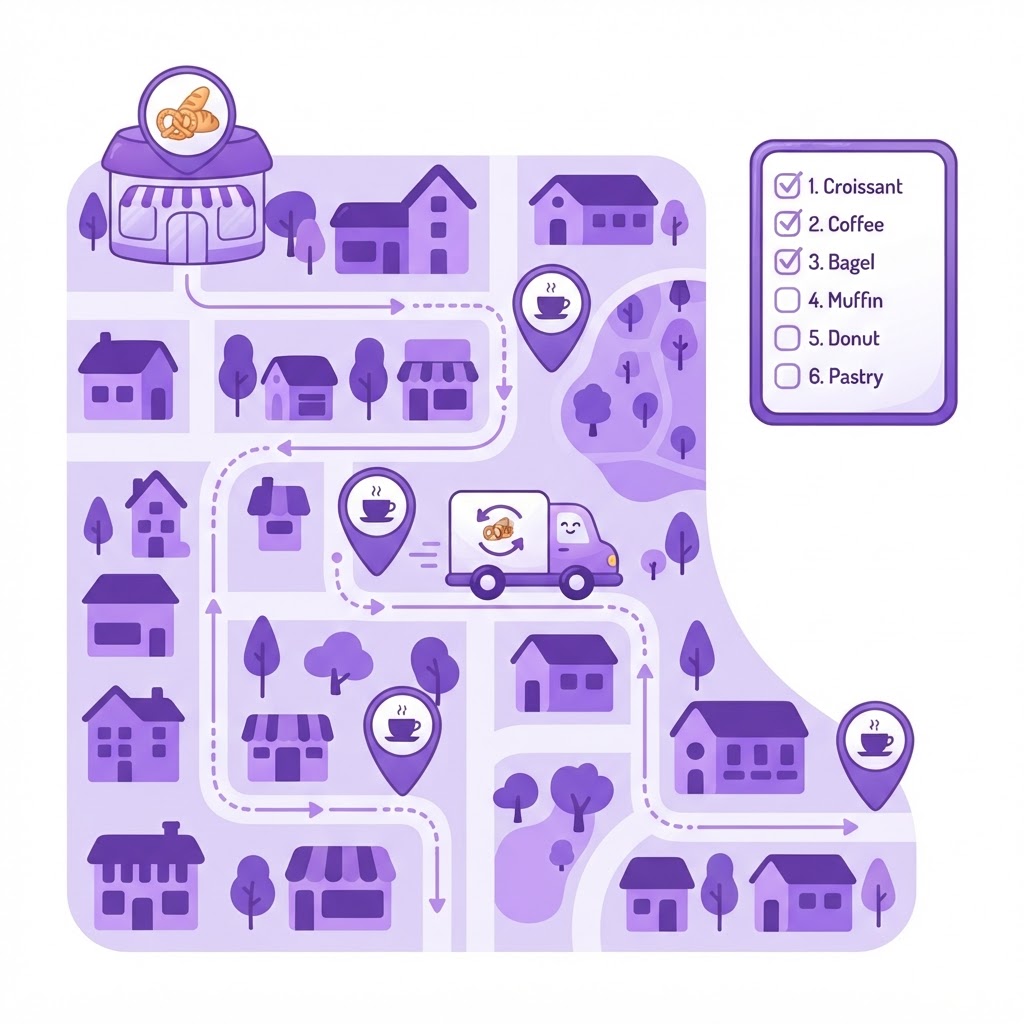 A map with an optimised dawn delivery route from the bakery depot through cafe stops