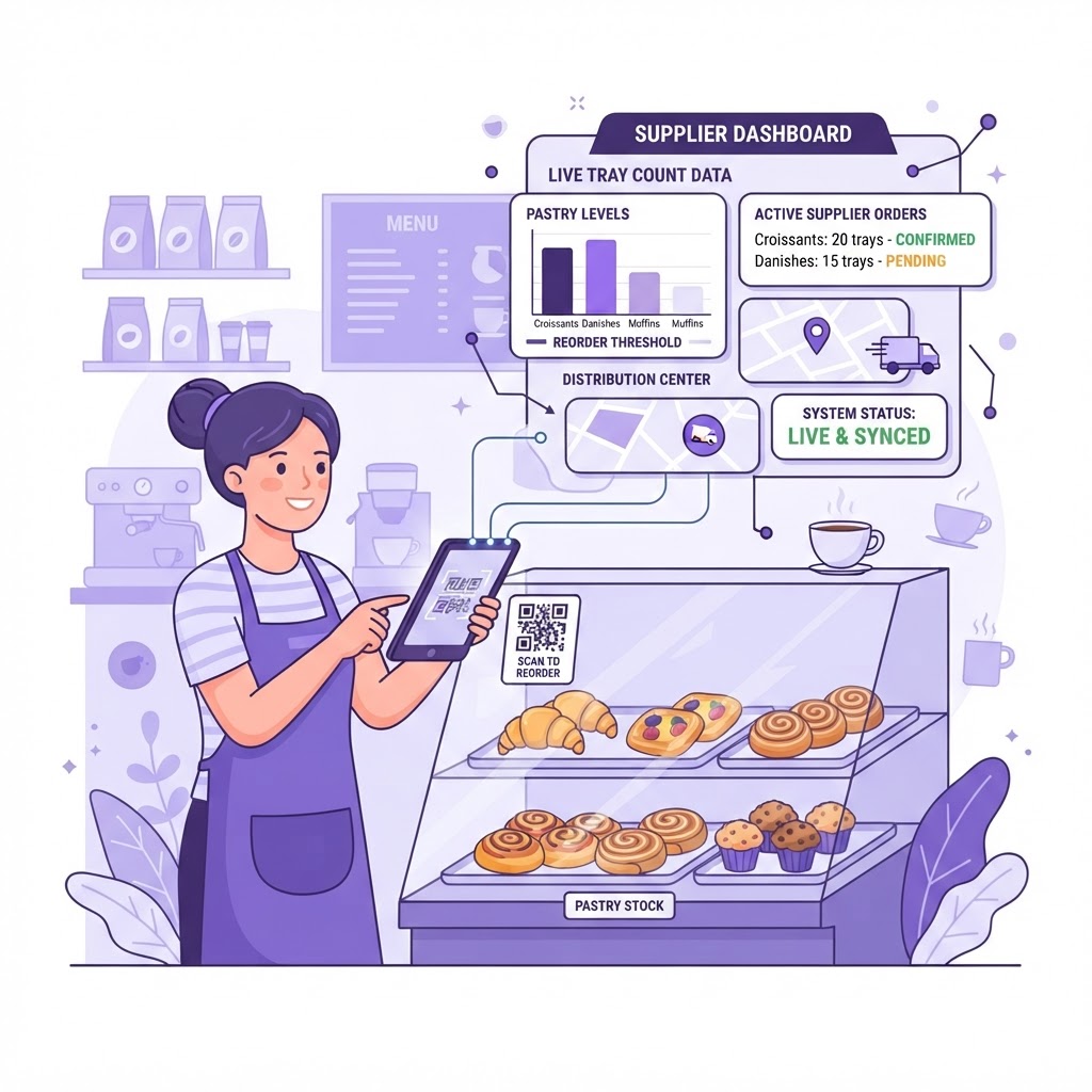 Cafe staff scanning a QR code on the pastry cabinet, sending live tray counts to the bakery's dashboard in real time
